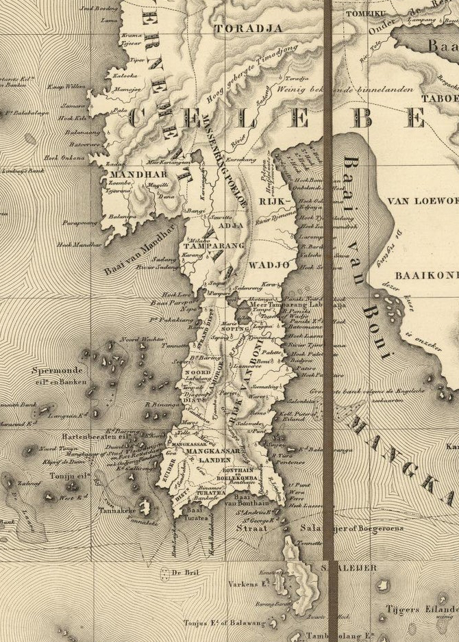 Section from the 1842 Map, by Baron Gijsbert Franco von Derfelden van Hinderstein, showing Southwest Sulawesi