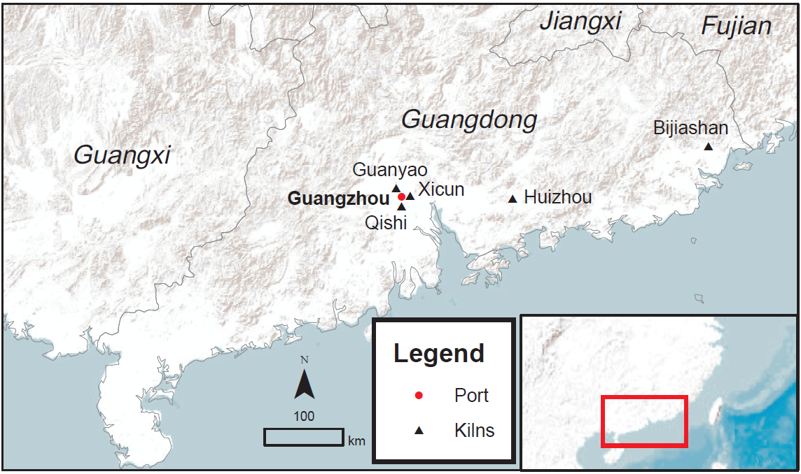 Map showing the locations of the Guangdong kilns where the Lingga wreck ceramics were most likely produced.
