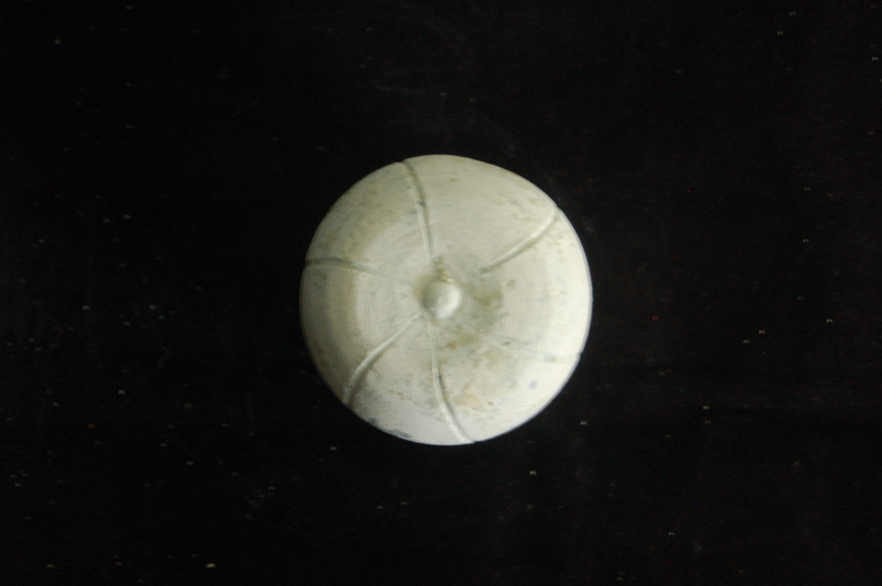 Small melon-shaped covered box with an incised whorl decoration and a central knob on the cover. Slightly concave base. Diameter 5.5 cm, height 4 cm.