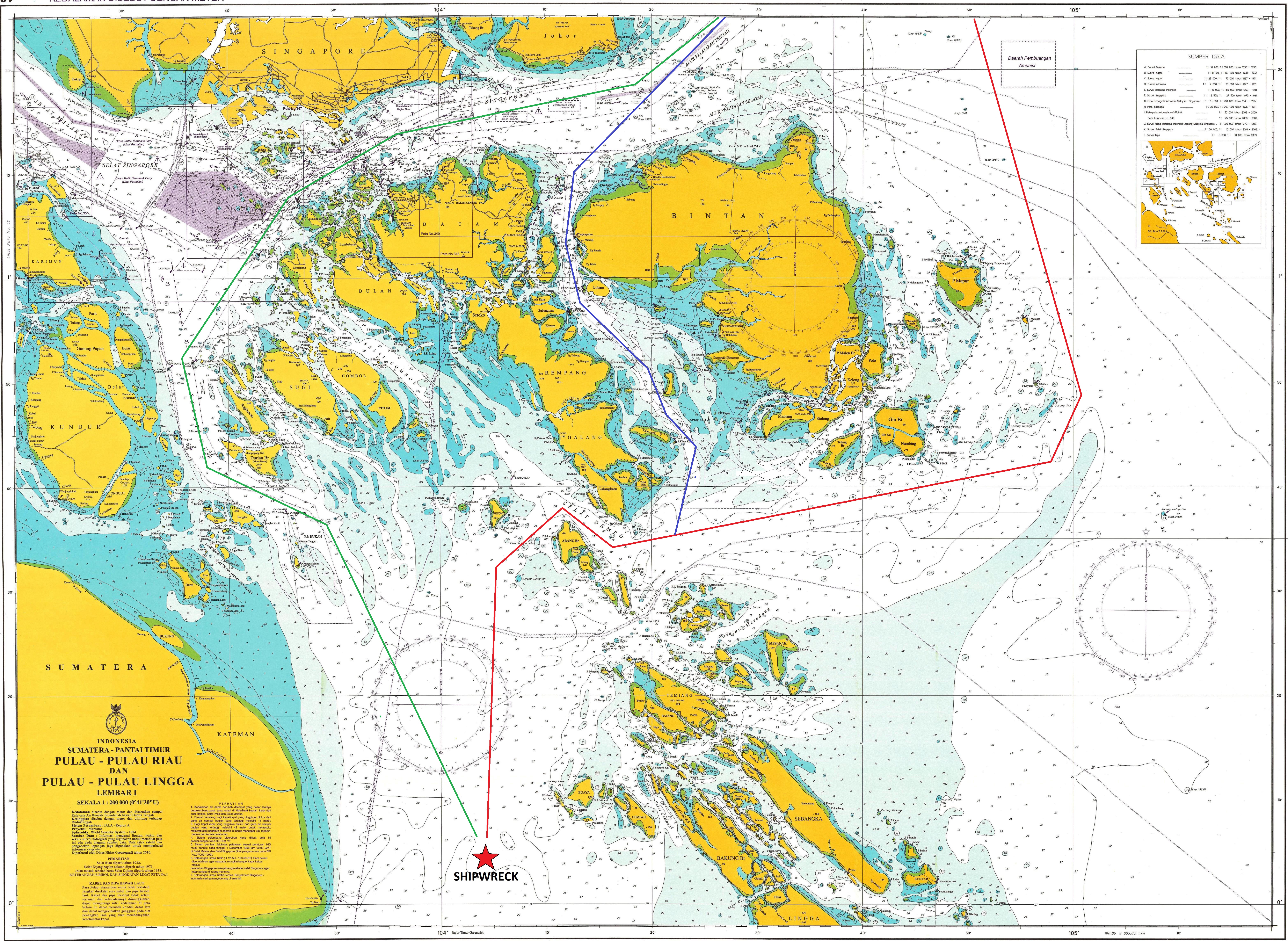 Three possible routes through the Riau Archipelago to the Lingga Wreck location.