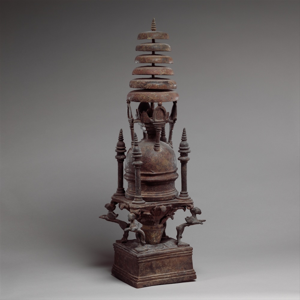 Stupa-shaped reliquary with multiple chhatras dated to the 4th-5th century CE